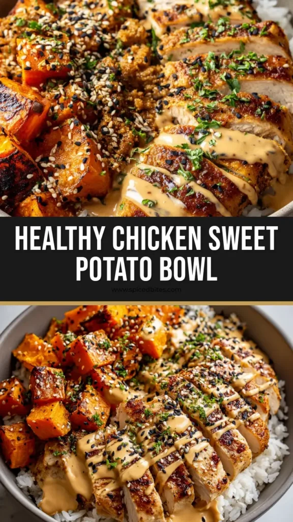 A close up view of a delicious Chicken and Sweet Potato Bowl with a zig-zag creamy tahini drizzle, seared spiced chicken, and charred sweet potatoes in a ceramic bowl.
