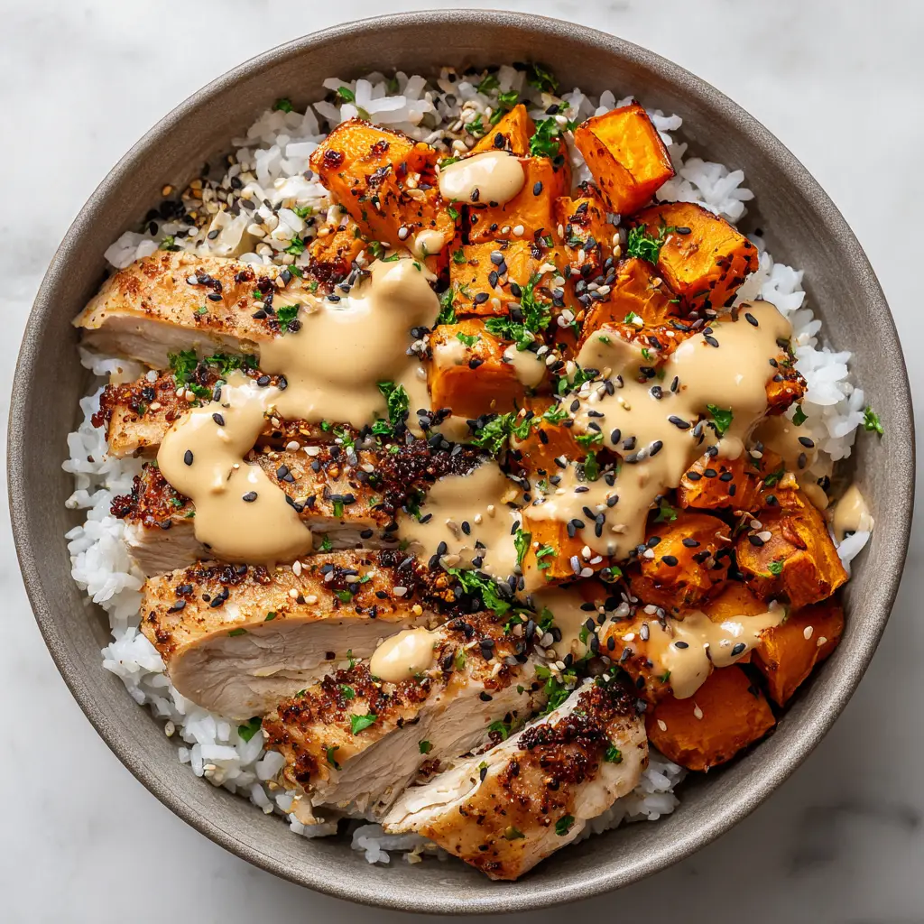 Smooth light tan tahini sauce drizzled in zig-zag lines over seared chicken and roasted sweet potatoes.