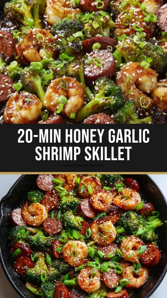 Honey Garlic Shrimp and Sausage Skillet 4 Top-down view of Honey Garlic Shrimp and Sausage in a cast-iron skillet, featuring crispy smoked sausage rounds, pink shrimp, and crisp-tender broccoli covered in a sticky amber sauce, garnished with sesame seeds and green onions.