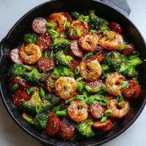 Honey Garlic Shrimp and Sausage Skillet 3 A rustic cast-iron skillet filled with Honey Garlic Shrimp and Sausage, featuring deeply browned sausage, pink shrimp, and bright green broccoli in a dark amber glaze.