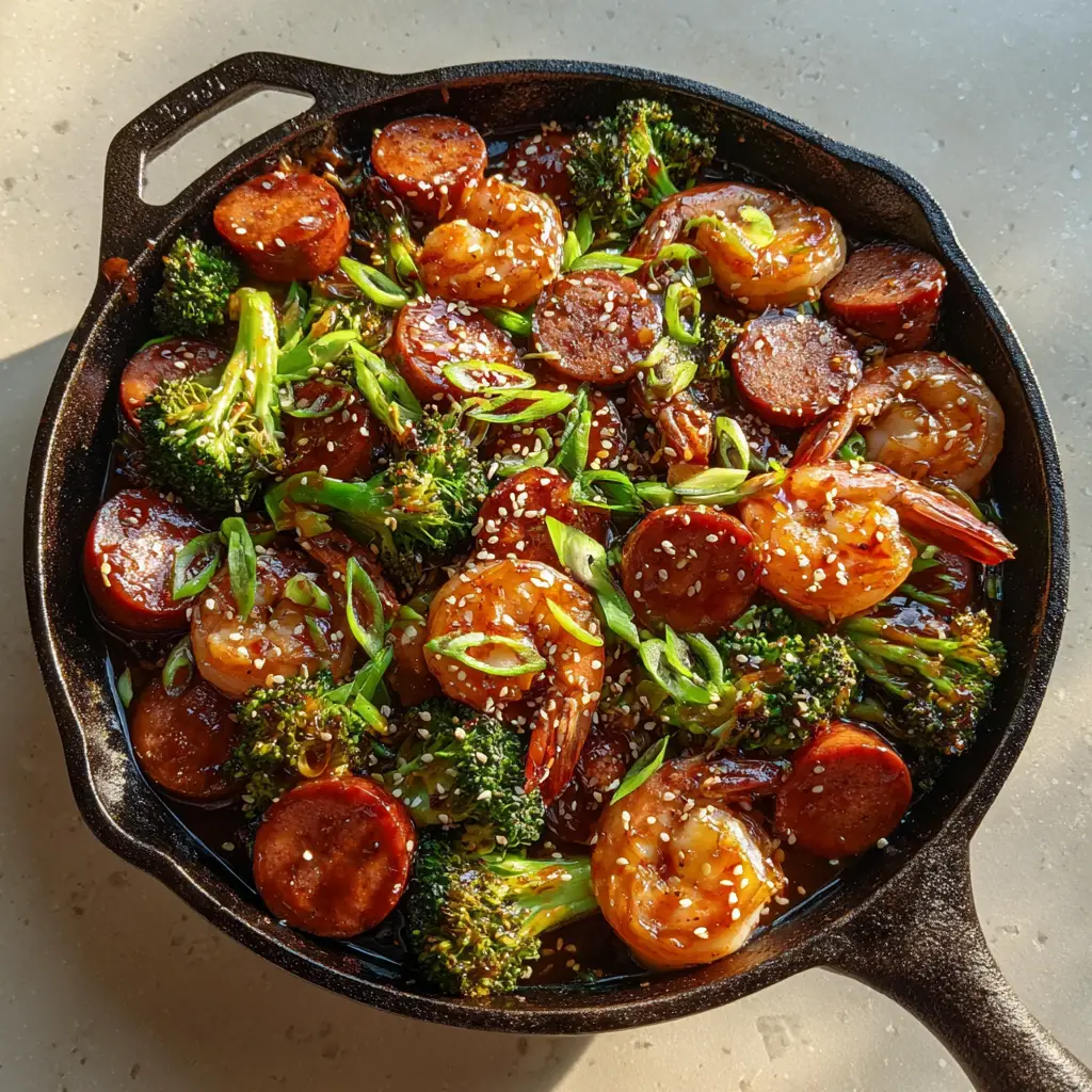 Honey Garlic Shrimp and Sausage Skillet 1 Close-up of Honey Garlic Shrimp and Sausage showing the glossy sticky sauce, white sesame seeds, and thinly sliced fresh green onions over perfectly cooked proteins.
