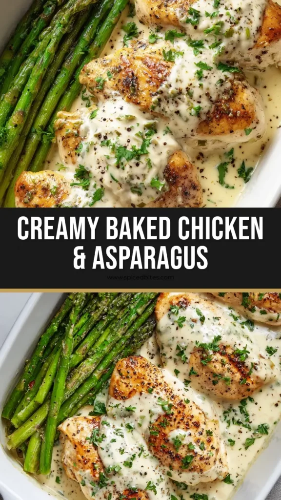 Top-down view of creamy baked chicken and asparagus with a thick white cream sauce, blistered tender-crisp greens, coarse black pepper, and fresh parsley in a white ceramic dish.