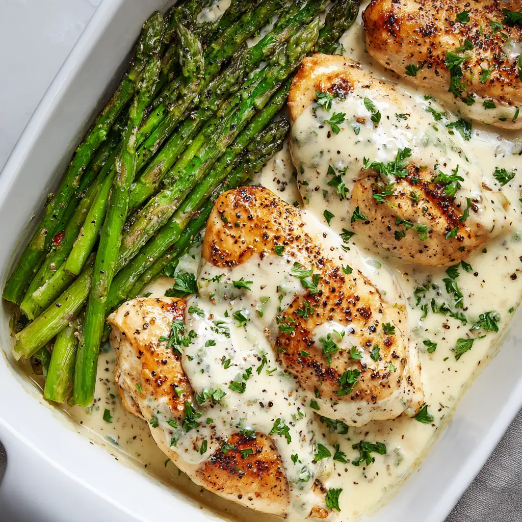 Rectangular white ceramic baking dish filled with creamy baked chicken and bright green asparagus topped with fresh parsley.