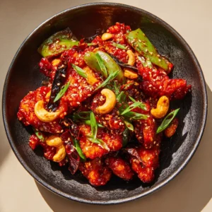 The Ultimate Crispy & Spicy Dragon Chicken Recipe 3 Close-up of crispy fried chicken breast strips and blistered green bell peppers for Dragon Chicken.
