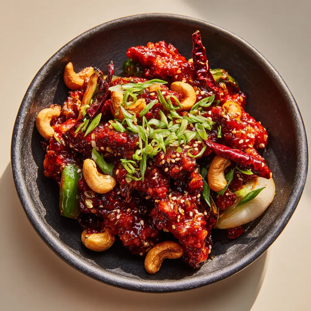 The Ultimate Crispy & Spicy Dragon Chicken Recipe 1 Dragon chicken plated in a black bowl with whole dried chilies, sesame seeds, and cashew halves.