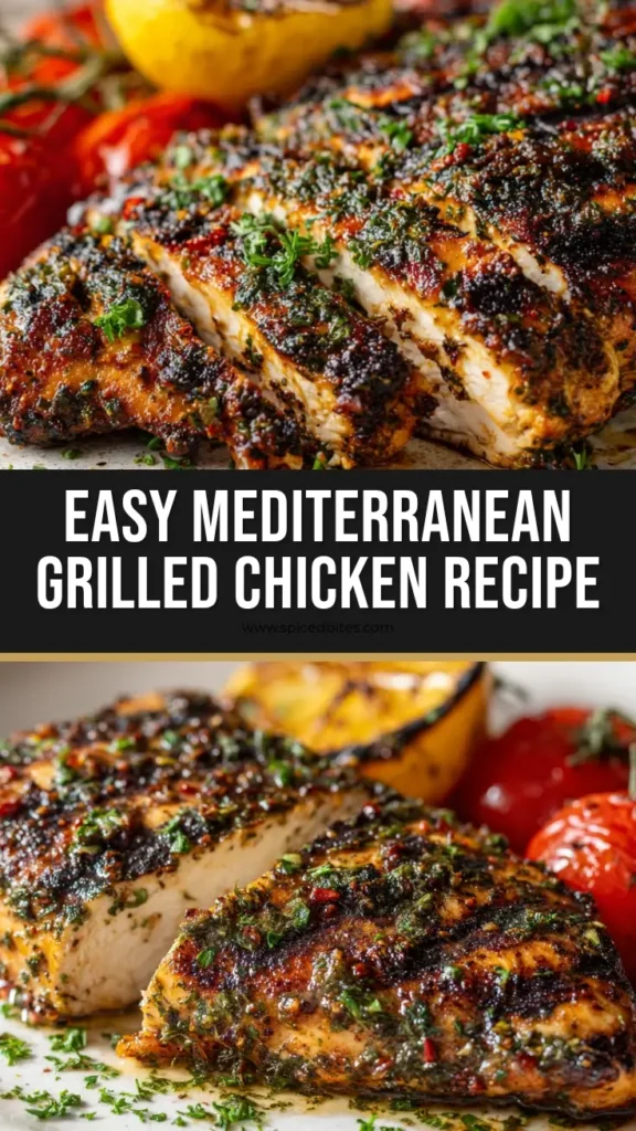 A close-up of a perfectly grilled Mediterranean chicken breast with dark char marks and a crust of green herbs, served with a charred lemon wedge and blistered tomatoes.