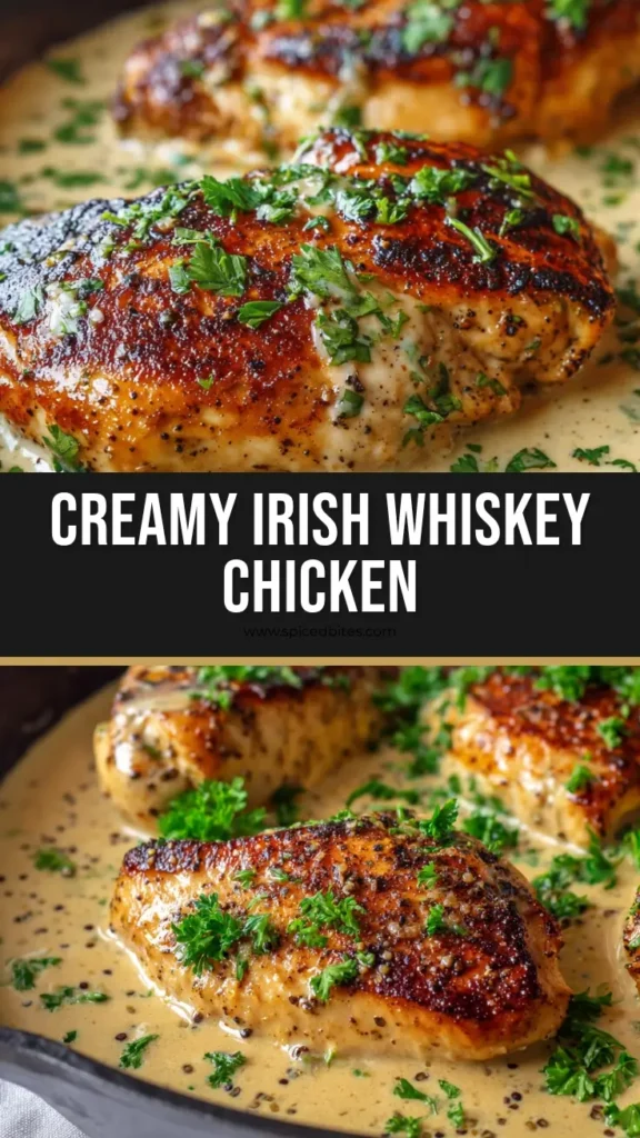 Irish Whiskey Chicken: A 30-Minute Skillet Masterpiece 4 A close-up of Irish Whiskey Chicken in a black cast iron skillet. The pan-seared chicken has a golden-brown crust and is covered in a glossy, pale-golden cream sauce with visible specks of garlic and pepper, garnished with fresh parsley.