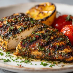 A rustic white ceramic plate holds a single Mediterranean grilled chicken breast, heavily coated in herbs and showing distinct dark grill marks. A charred lemon sits beside it.
