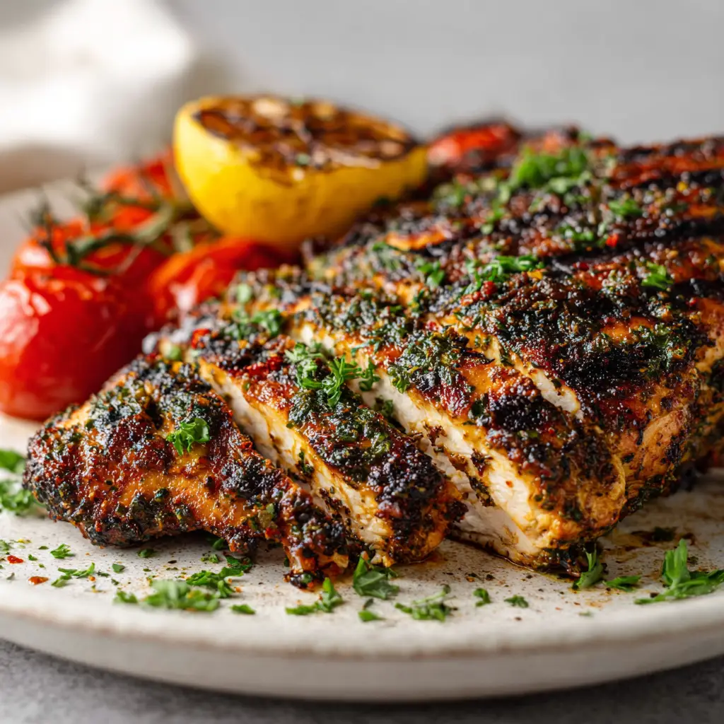 A sliced view of a juicy Mediterranean grilled chicken breast, revealing the moist white meat inside, with blistered tomatoes and fresh parsley.