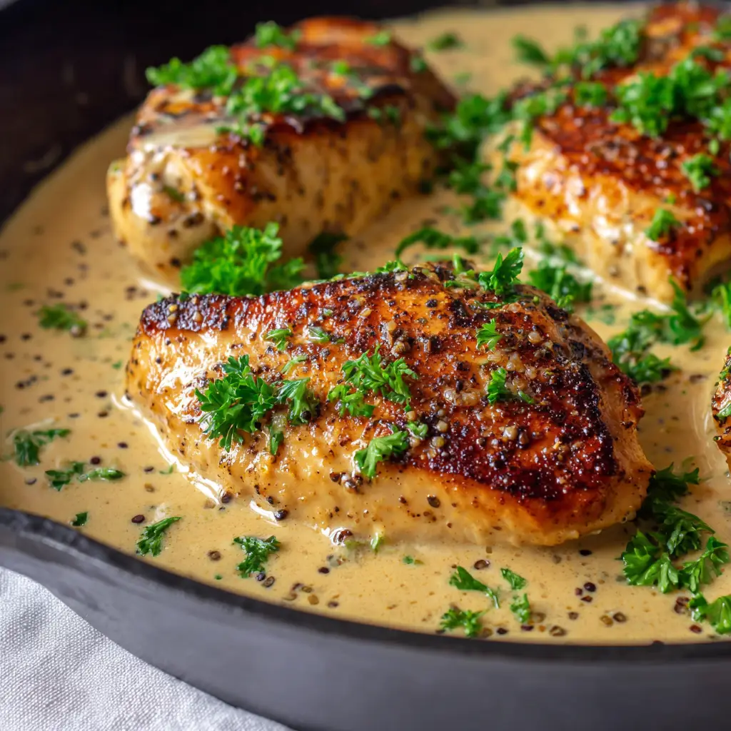 Irish Whiskey Chicken: A 30-Minute Skillet Masterpiece 1 A cast iron skillet holds the finished Irish Whiskey Chicken, with the pale-golden sauce pooling around the base and garnished with parsley.
