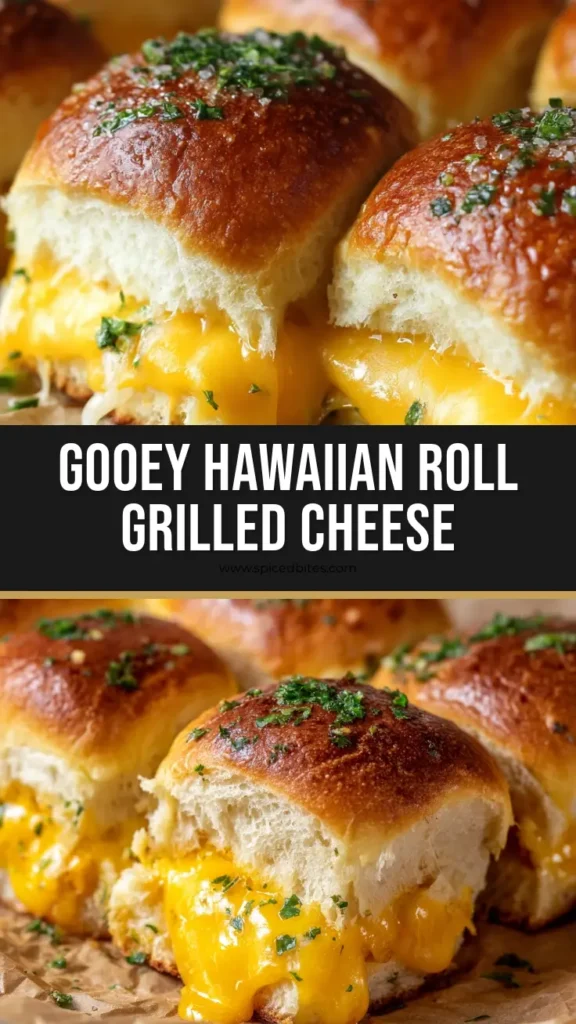 The Ultimate Hawaiian Roll Grilled Cheese (Golden & Garlicky) 4 A close-up overhead shot of golden-brown Hawaiian Roll Grilled Cheese sliders on parchment paper, with melted cheese oozing out and topped with a garlic-parsley butter glaze.