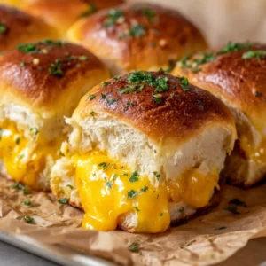 The Ultimate Hawaiian Roll Grilled Cheese (Golden & Garlicky) 3 A close-up action shot of Hawaiian Roll Grilled Cheese sliders being pulled apart, showcasing a glorious stretch of melted cheddar and Monterey Jack cheese.