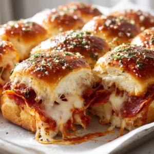 Hawaiian Roll Pizza Sliders: The Ultimate Pull-Apart Recipe 3 A close-up handheld photo of golden-brown Hawaiian Roll Pizza Sliders, showcasing the glossy garlic butter and parsley topping.