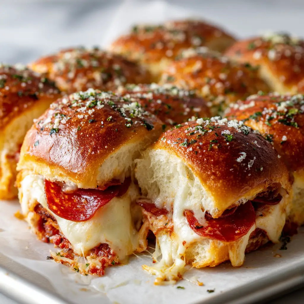 Hawaiian Roll Pizza Sliders: The Ultimate Pull-Apart Recipe 1 A side view of Hawaiian Roll Pizza Sliders being pulled apart, revealing thick inner layers of pizza sauce, melted mozzarella, and crispy pepperoni.