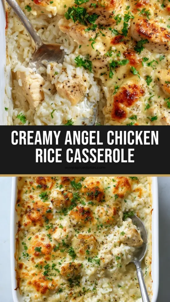 An overhead shot of a creamy and cheesy Angel Chicken Rice Casserole in a white baking dish, with golden-brown edges and a sprinkle of parsley.