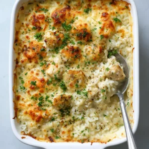 A close-up view of the Angel Chicken Rice Casserole, showing the bubbly, pale-yellow cheese sauce and tender chicken chunks over fluffy rice.