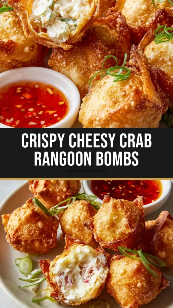 Crispy, golden Crab Rangoon Bombs on a white plate with one broken open to show the creamy crab and cream cheese filling. Served with a side of sweet chili dipping sauce.