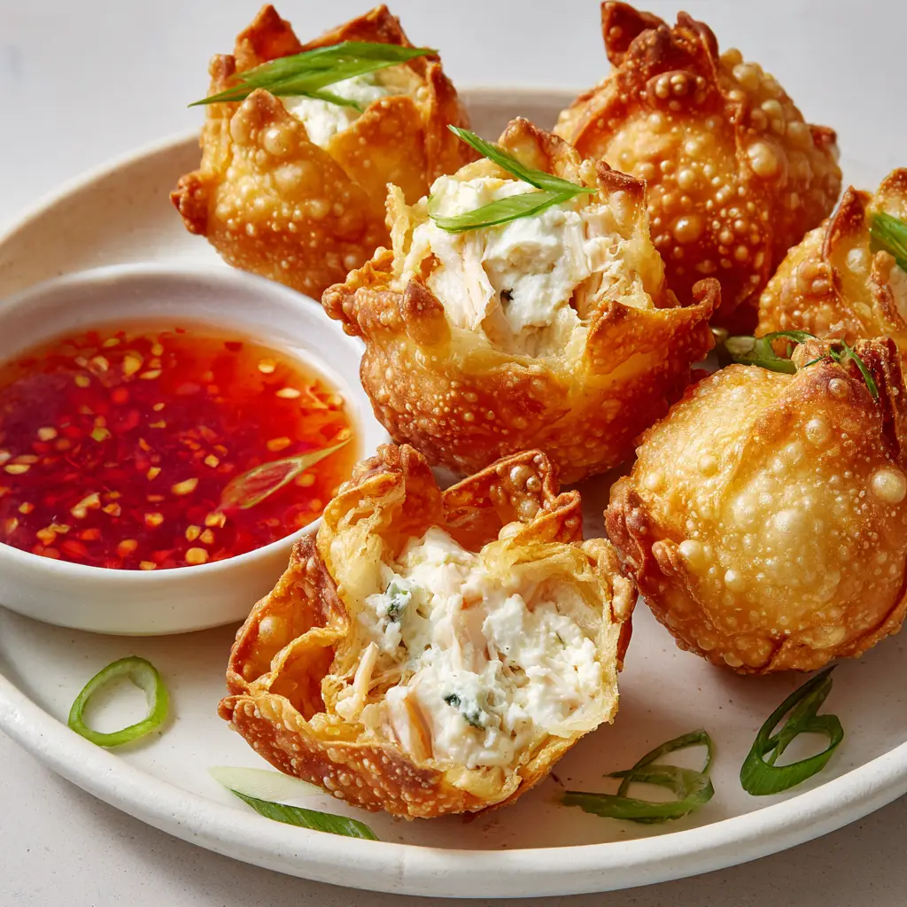 The interior of a Crab Rangoon Bomb, showing the thick, creamy white filling of cream cheese, flaked pink crab meat, and green onions.