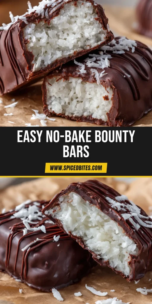 Homemade Bounty Bars 4 A close-up of a homemade chocolate coconut candy bar cut in half, revealing a dense white shredded coconut filling inside a thick dark chocolate coating.