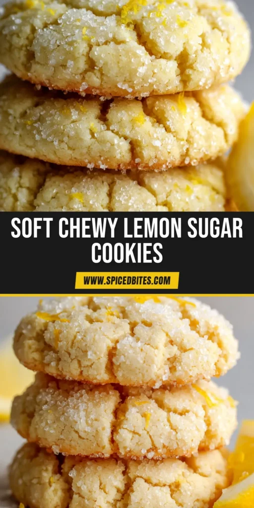 Thick & Soft-Baked Lemon Sugar Cookies 4 A close-up view of three thick, soft-baked Lemon Sugar Cookies stacked on parchment paper, featuring a crinkly surface covered in coarse sparkling sugar and visible yellow lemon zest flakes.