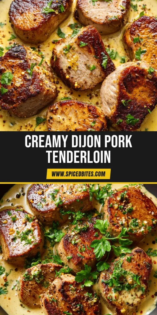 Pan-Seared Pork Tenderloin with Dijon Cream Sauce 3 Thick-cut pan-seared pork tenderloin medallions with a golden-brown caramelized crust in a pale-yellow Dijon mustard cream sauce, garnished with parsley.