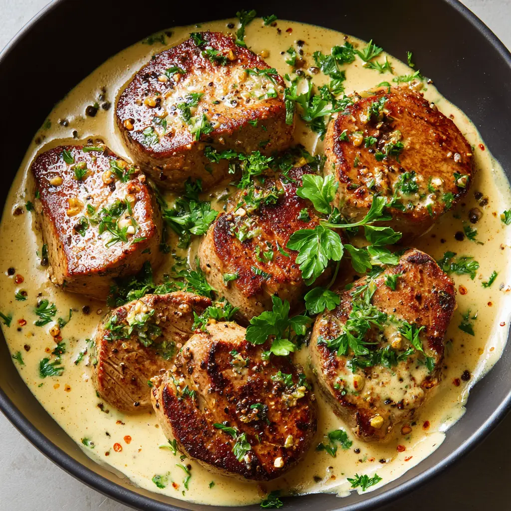Pan-Seared Pork Tenderloin with Dijon Cream Sauce 1 Close-up of juicy pork tenderloin with a golden-brown crust and smooth creamy sauce clinging to the edges.