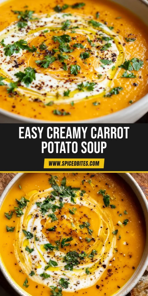 A close-up view of a vibrant orange creamy potato carrot soup garnished with a heavy cream swirl and olive oil drizzle, served with sourdough.
