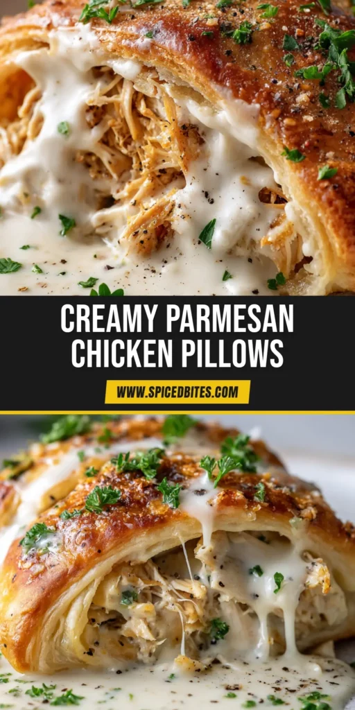 Chicken Pillows with Creamy Parmesan Sauce 4 A close up of a golden brown, flaky crescent dough bundle filled with shredded chicken, sitting on a round ceramic plate, smothered in a rich white Parmesan sauce with fresh parsley.