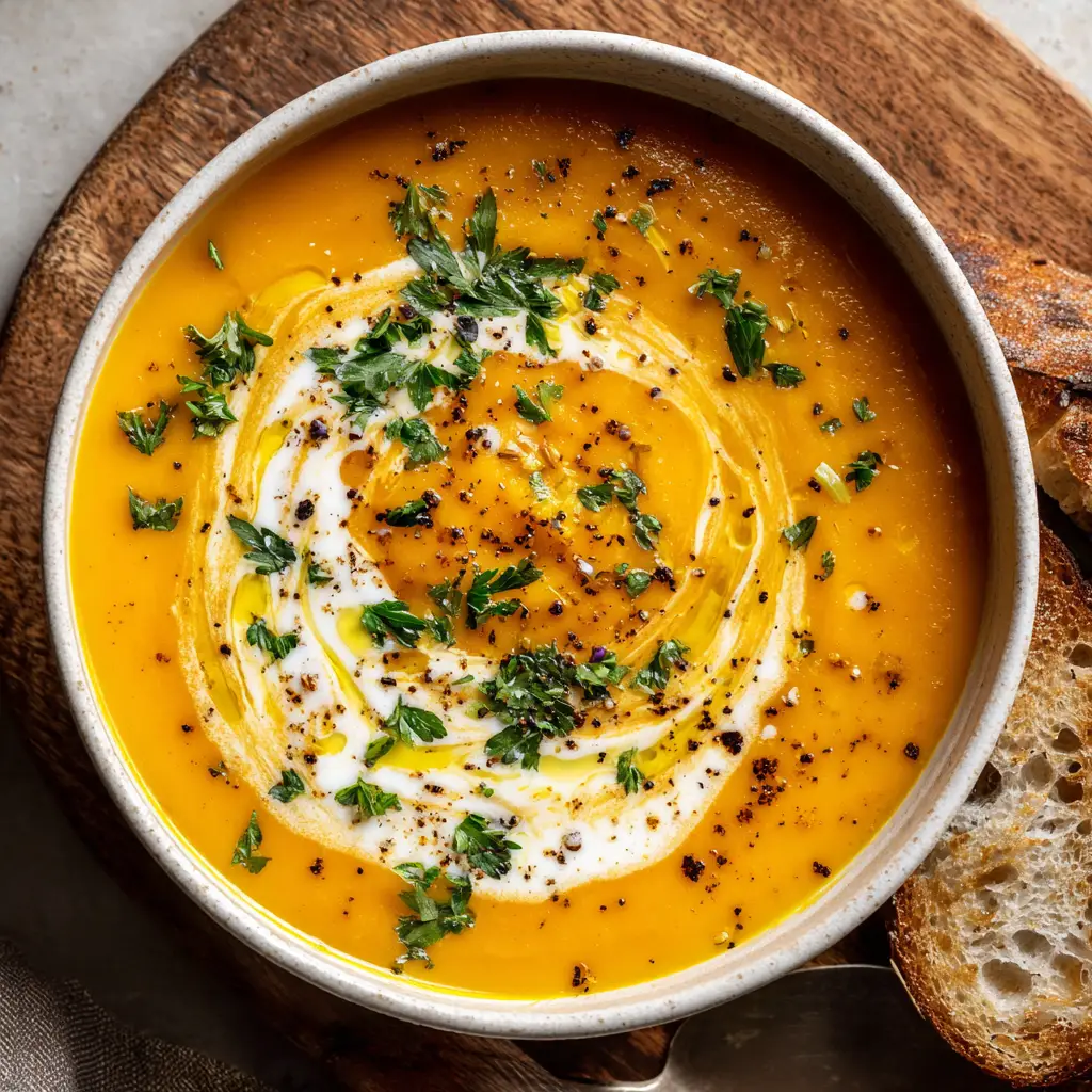 Close-up of a delicate white swirl of heavy cream and golden olive oil drizzle over thick creamy potato carrot soup.