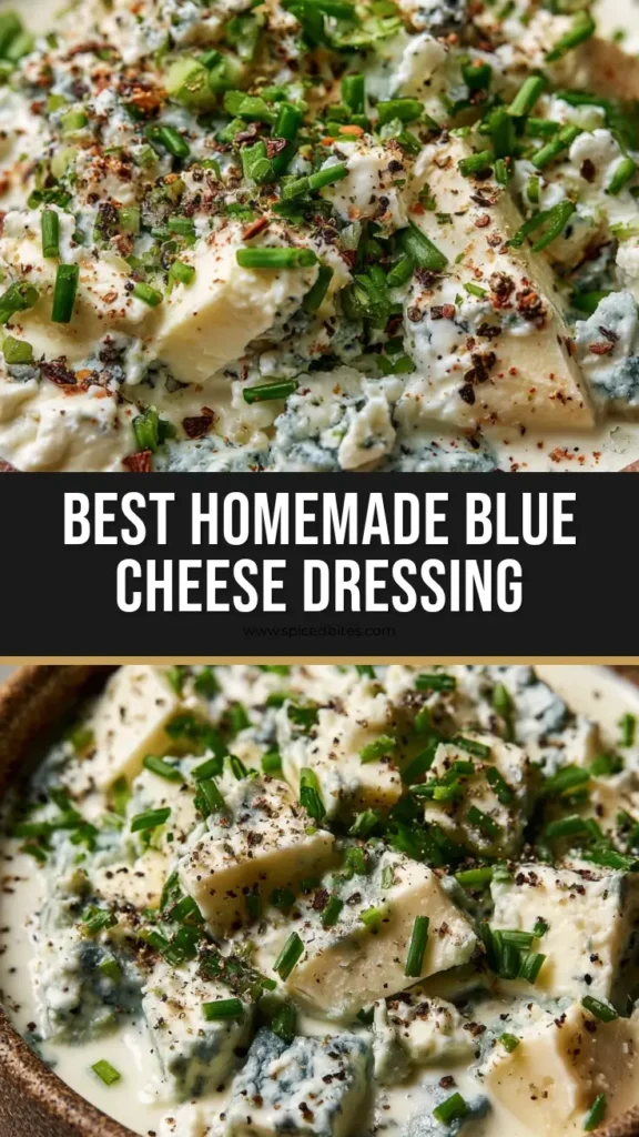 Thick & Creamy Homemade Blue Cheese Dressing 3 A close up of homemade blue cheese dressing packed with large blue cheese chunks, fresh chives, and coarse black pepper in a rustic bowl.