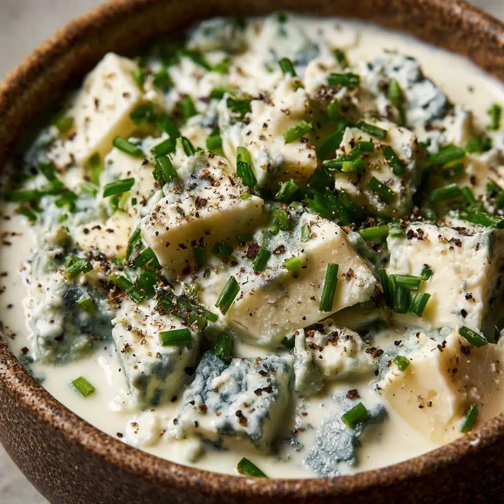 Thick & Creamy Homemade Blue Cheese Dressing 1 Surface layer of blue cheese dressing generously speckled with coarsely ground black pepper and finely minced fresh green chives.