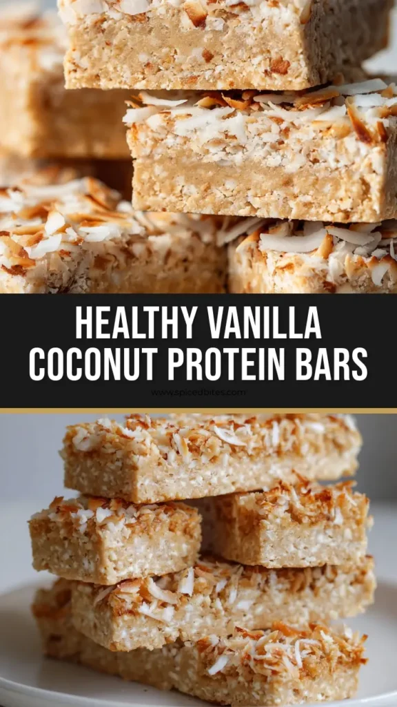 Easy No-Bake Homemade Coconut Protein Bars 3 A stack of rectangular homemade coconut protein bars with a light tan vanilla base and toasted coconut flakes on top.