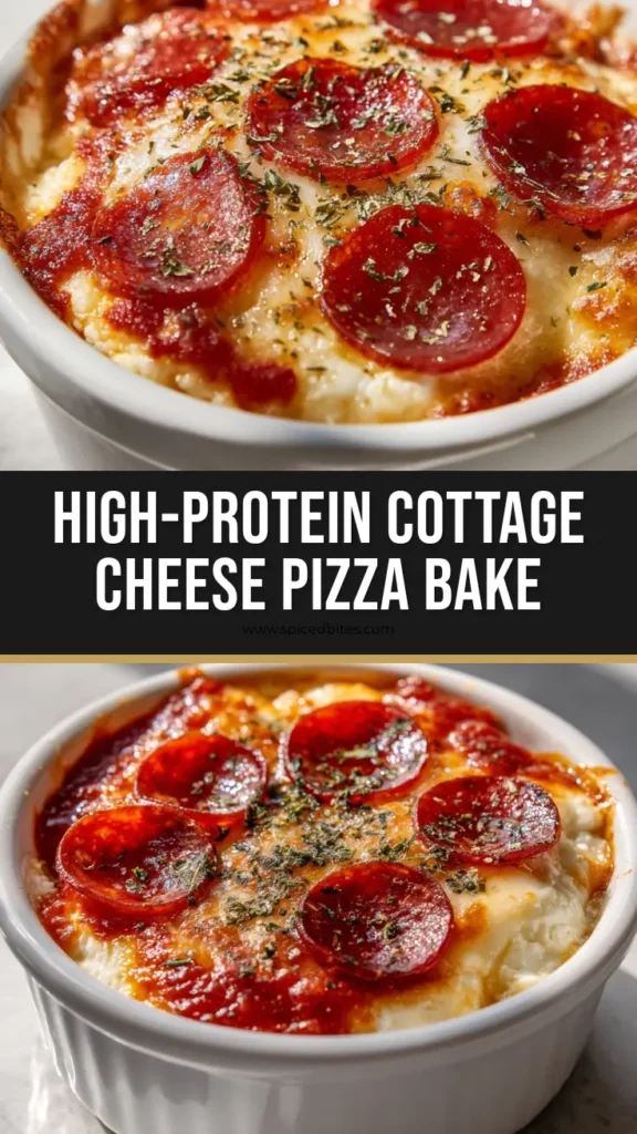 High-Protein Cottage Cheese Pizza Bake 4 A freshly baked Cottage Cheese Pizza Bake in a white ramekin on a grey counter with bubbly mozzarella and curled pepperoni.