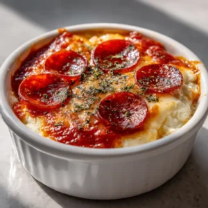 High-Protein Cottage Cheese Pizza Bake 3 Close-up of creamy cottage cheese curds topped with thick marinara sauce and golden-brown melted mozzarella cheese.
