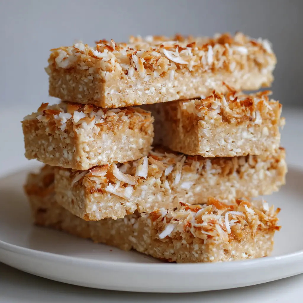 Easy No-Bake Homemade Coconut Protein Bars 1 Stacked homemade protein bars on a simple white ceramic plate under soft natural daylight.