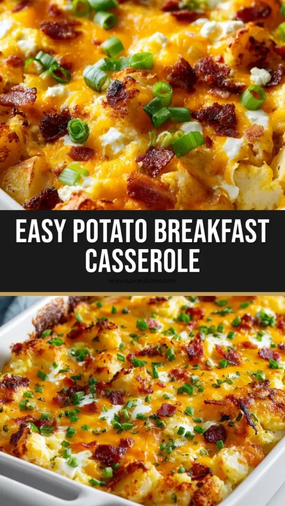 The Ultimate Potato Breakfast Casserole Recipe 4 A close up shot of a freshly baked potato breakfast casserole in a white ceramic rectangular baking dish, featuring roasted potatoes, fluffy baked eggs, bubbly melted cheddar and mozzarella cheese, crispy bacon, and green onions.