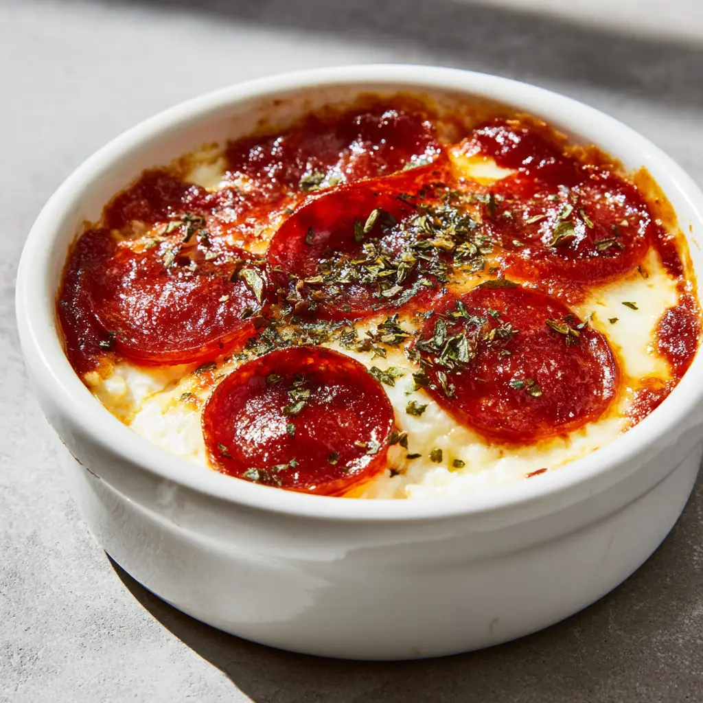 High-Protein Cottage Cheese Pizza Bake 1 Freshly baked cottage cheese pizza bowl garnished with curled circular pepperoni slices and dried green oregano flakes.