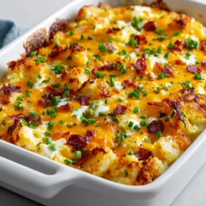 The Ultimate Potato Breakfast Casserole Recipe 3 A freshly baked potato breakfast casserole in a white ceramic baking dish with slightly browned and charred edges.