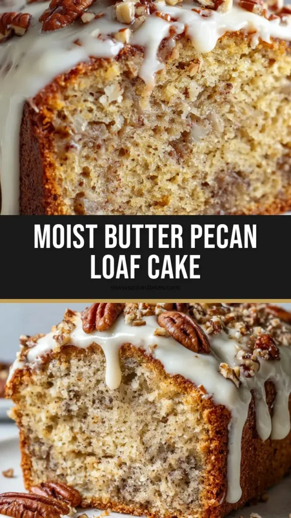 Ultimate Butter Pecan Loaf Cake with Cream Cheese Icing 3 A close-up view of a sliced Butter Pecan Loaf Cake with a golden-brown crumb packed with roasted pecans, topped with glossy cream cheese icing.