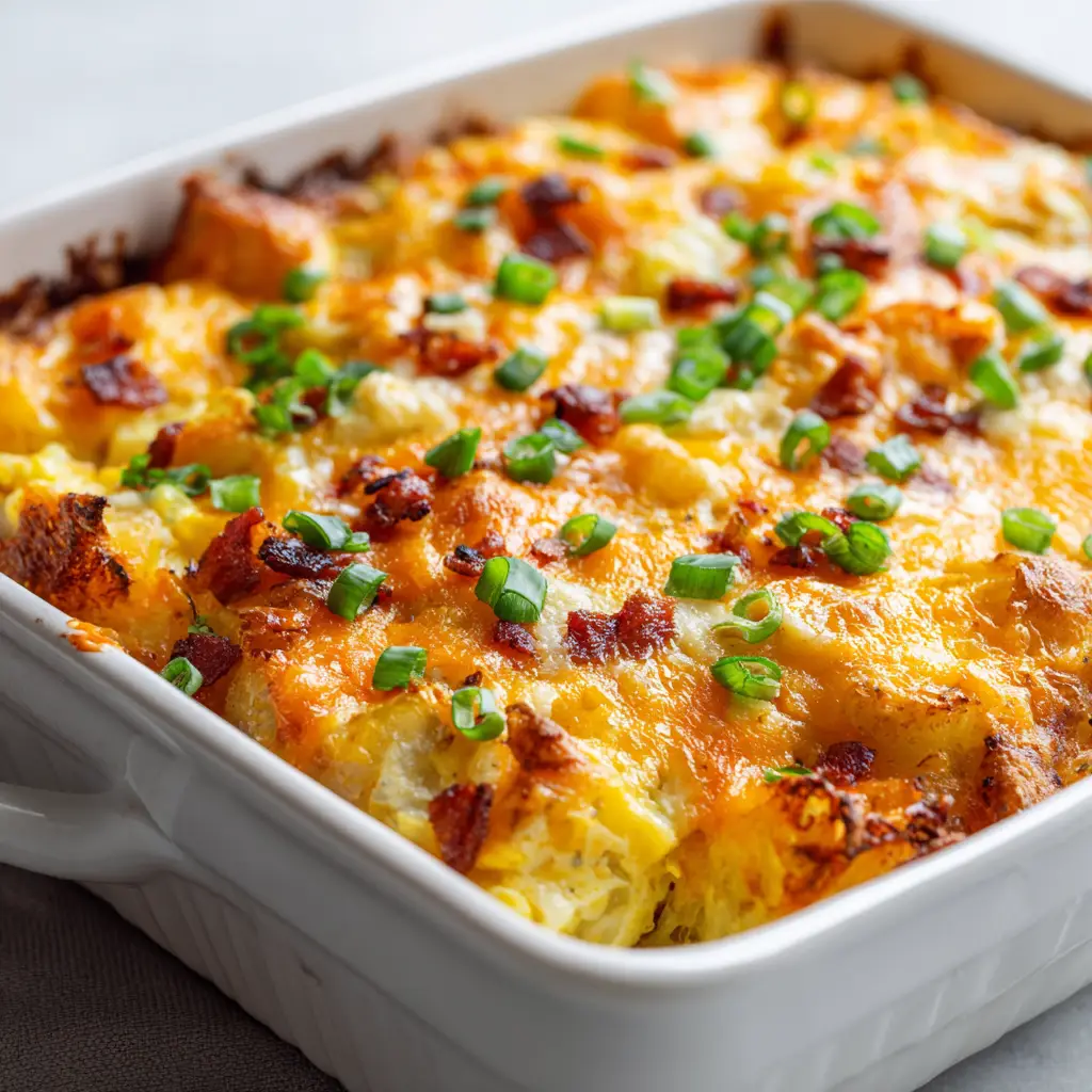 The Ultimate Potato Breakfast Casserole Recipe 1 Close up of golden-brown diced potatoes mixed with fluffy light yellow baked eggs and covered in bubbling cheese.