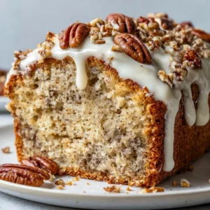 Ultimate Butter Pecan Loaf Cake with Cream Cheese Icing 4 Cross-section of the golden-brown Butter Pecan Loaf Cake showing embedded roasted chopped pecans.