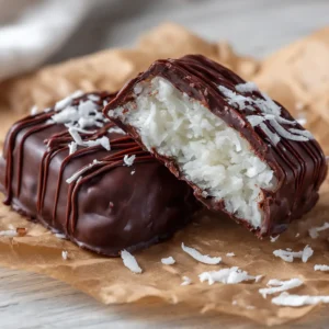 Homemade Bounty Bars 3 Halved homemade bounty bars resting on crinkled parchment paper over a light wooden countertop, showing a moist shredded coconut interior.