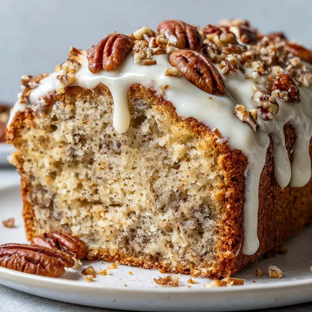 Ultimate Butter Pecan Loaf Cake with Cream Cheese Icing 1 Thick cream cheese icing pooling slightly at the edges of a domed loaf cake, heavily garnished with pecan halves.