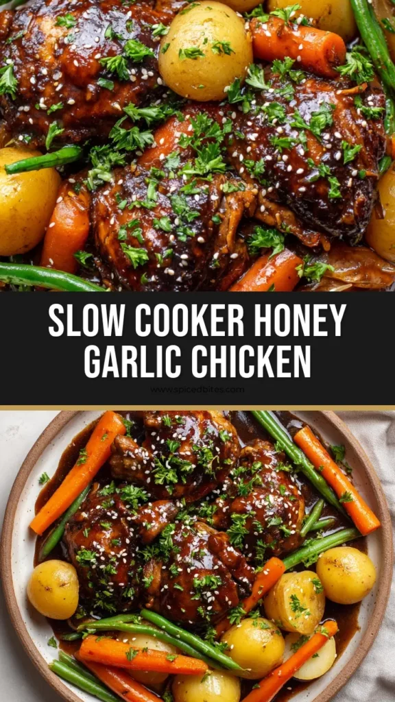A rustic ceramic plate filled with juicy Slow Cooker Honey Garlic Chicken topped with white sesame seeds and fresh parsley, served with yellow baby potatoes, thick orange carrots, and bright green beans in a glossy sauce.