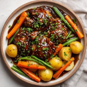 A close up view of fresh raw ingredients for slow cooker honey garlic chicken, including chicken thighs, garlic, honey, potatoes, and thick cut carrots.