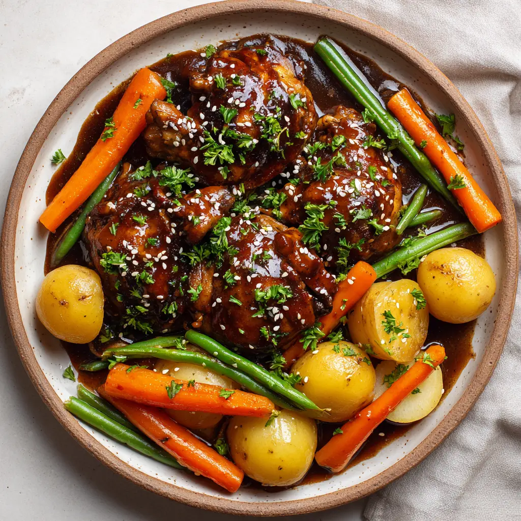 Slow Cooker Honey Garlic Chicken plated on a rustic ceramic plate showcasing tender braised chicken thighs pooling with dark sticky glaze over tender vegetables.