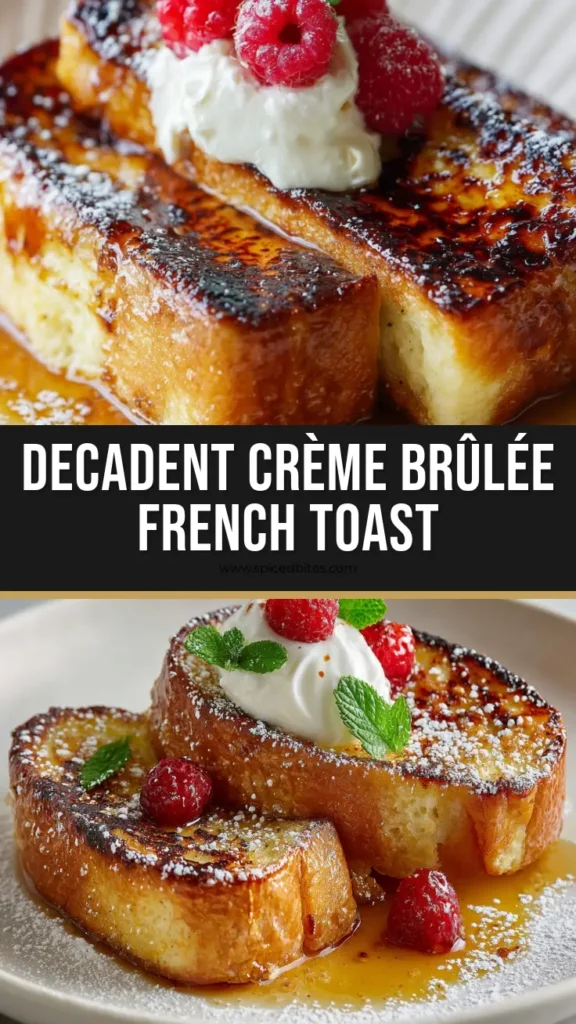 The Ultimate Creme Brulee French Toast Recipe 4 Close-up of elegant Creme Brulee French Toast on a white plate with fresh red raspberries, whipped cream, and amber maple syrup.