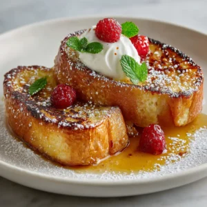 The Ultimate Creme Brulee French Toast Recipe 3 Two thick golden-brown baked slices of brioche bread soaking in a rich vanilla custard base.