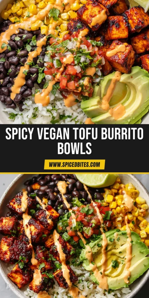 A close-up overhead shot of a spicy baked tofu burrito bowl with charred corn, glossy black beans, and avocado over fluffy white rice.