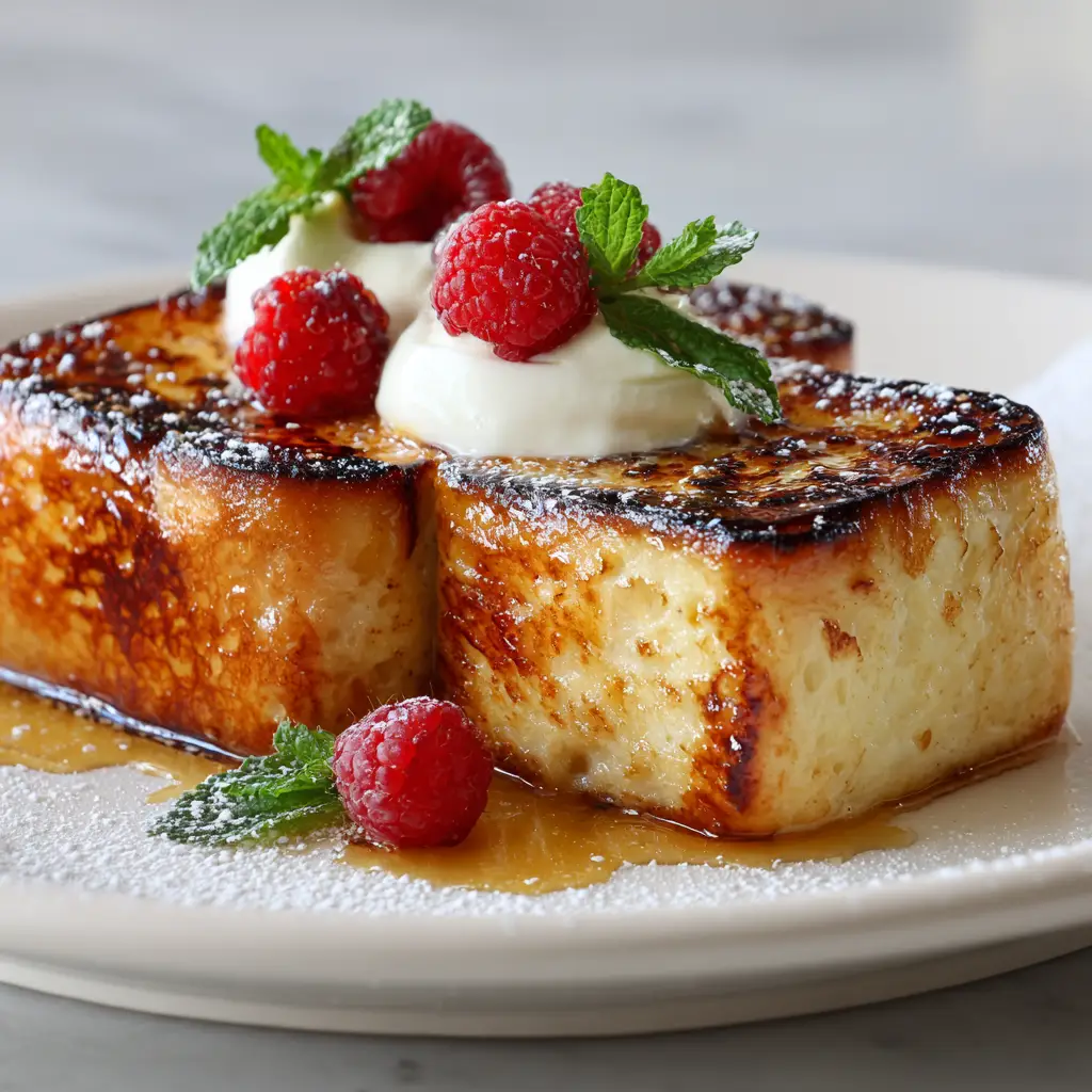 The Ultimate Creme Brulee French Toast Recipe 1 A glossy, perfectly caramelized amber sugar crust being torched onto thick brioche french toast.